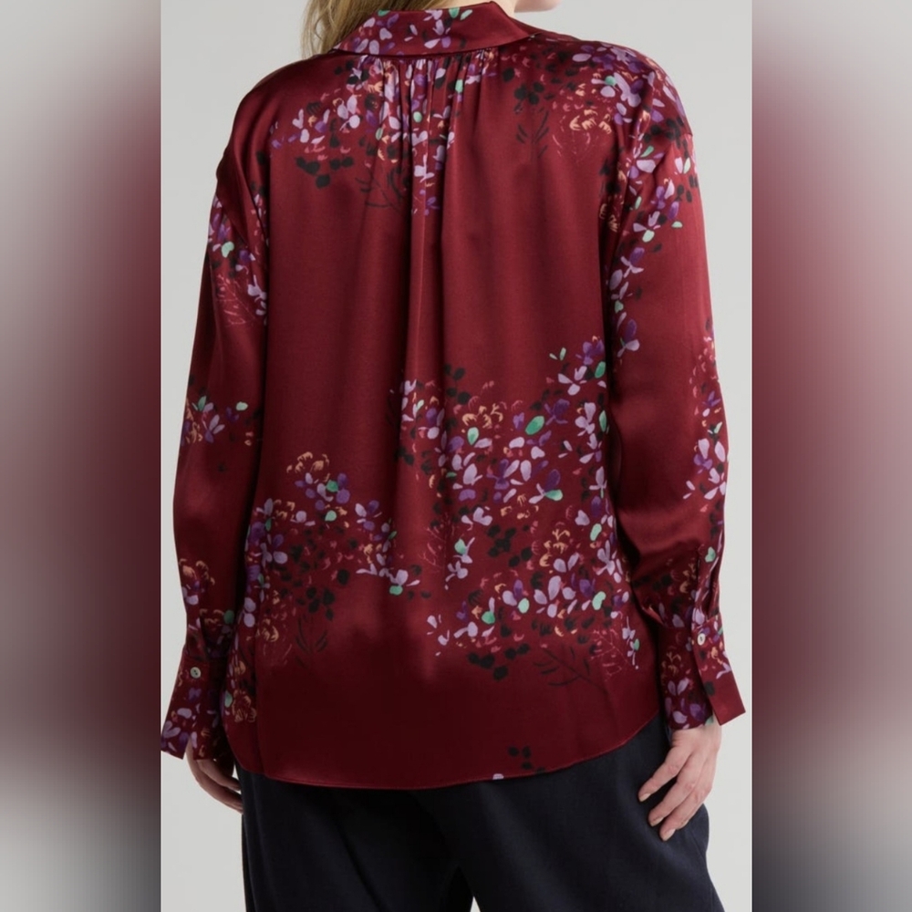 Vince Forsythia Silk Floral Botton-Up Blouse - Burgundy - Picture 2 of 4